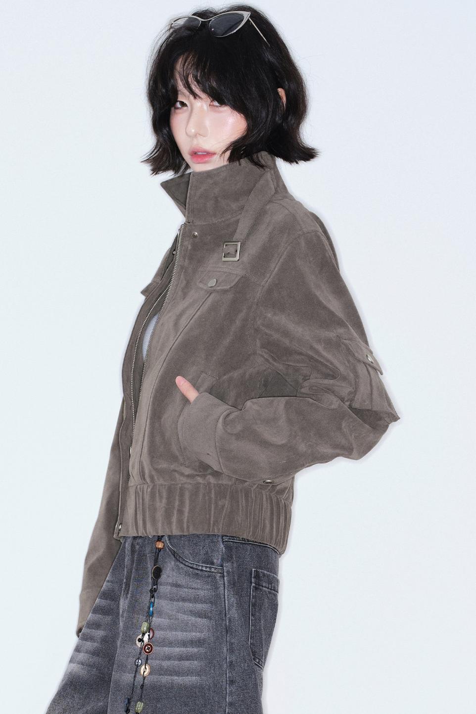 Retro Suede Stand-Up Collar Jacket