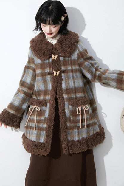 ブラウンチェックファーカラ―コート