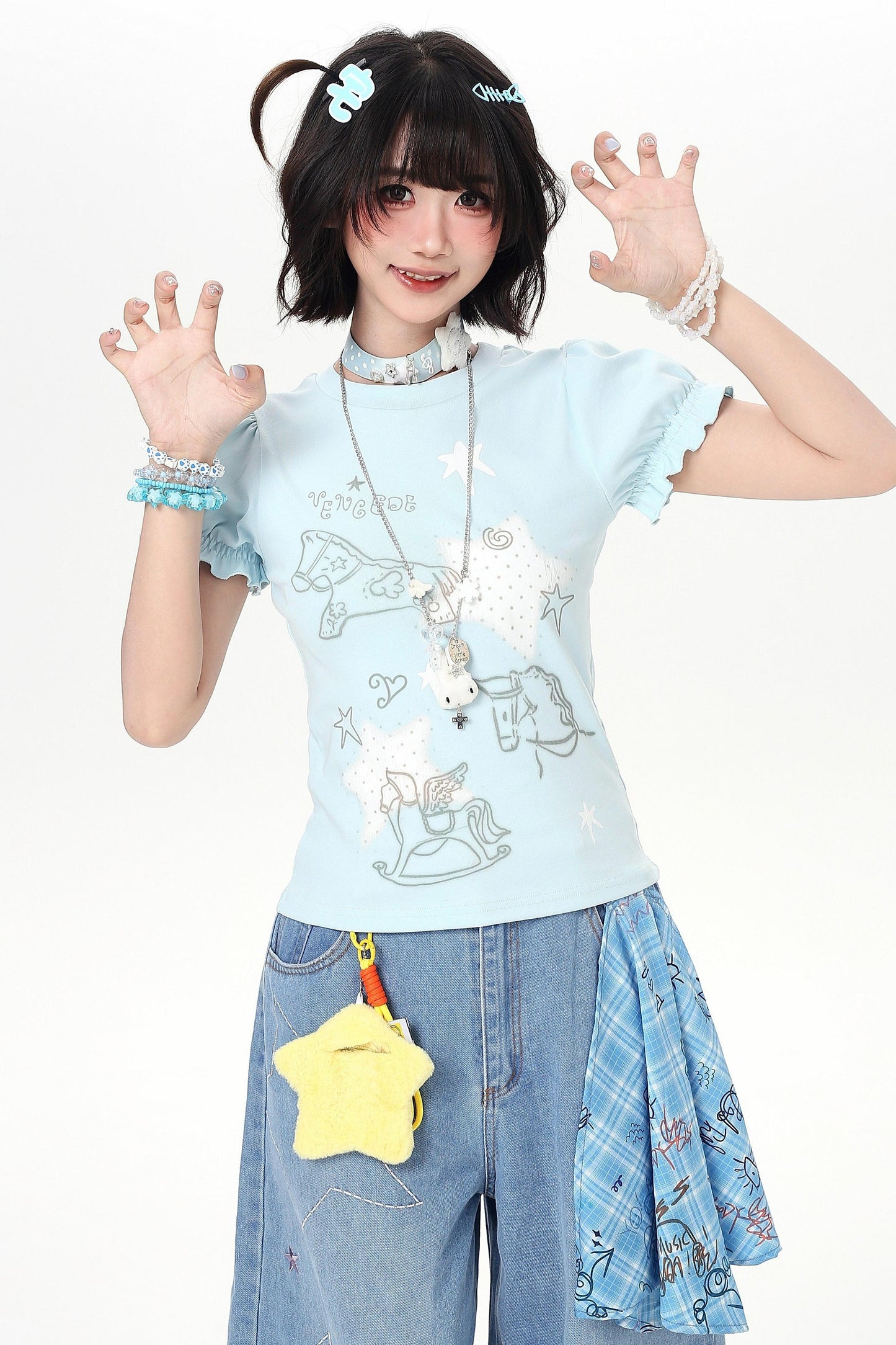 Haut à manches bouffantes girly à imprimé étoilé