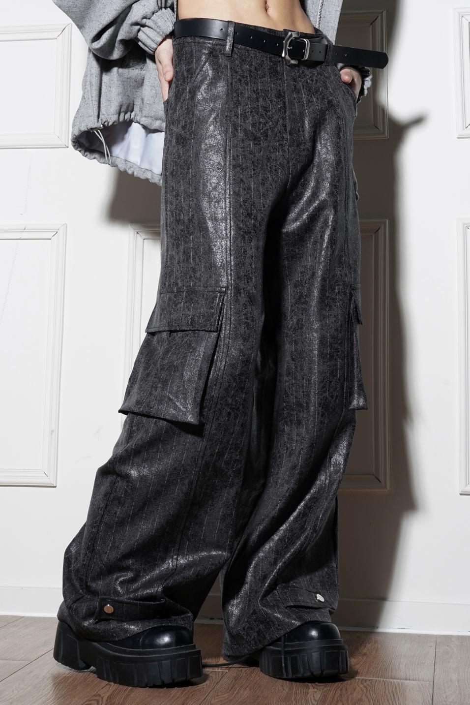 テクスチャードストライプレザーパンツ