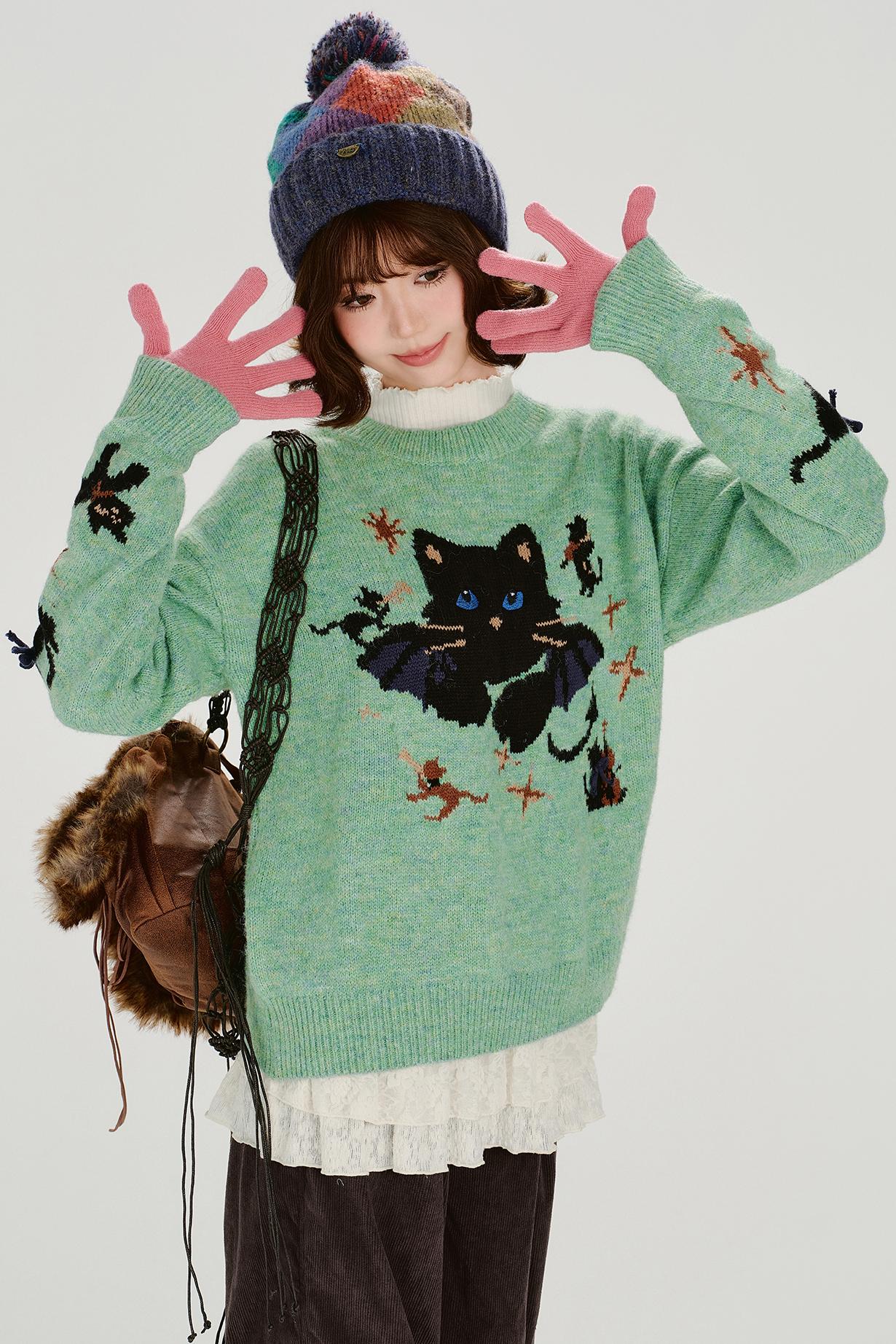 キャットジャガードレトロプルオーバートップス