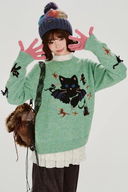 キャットジャガードレトロプルオーバートップス