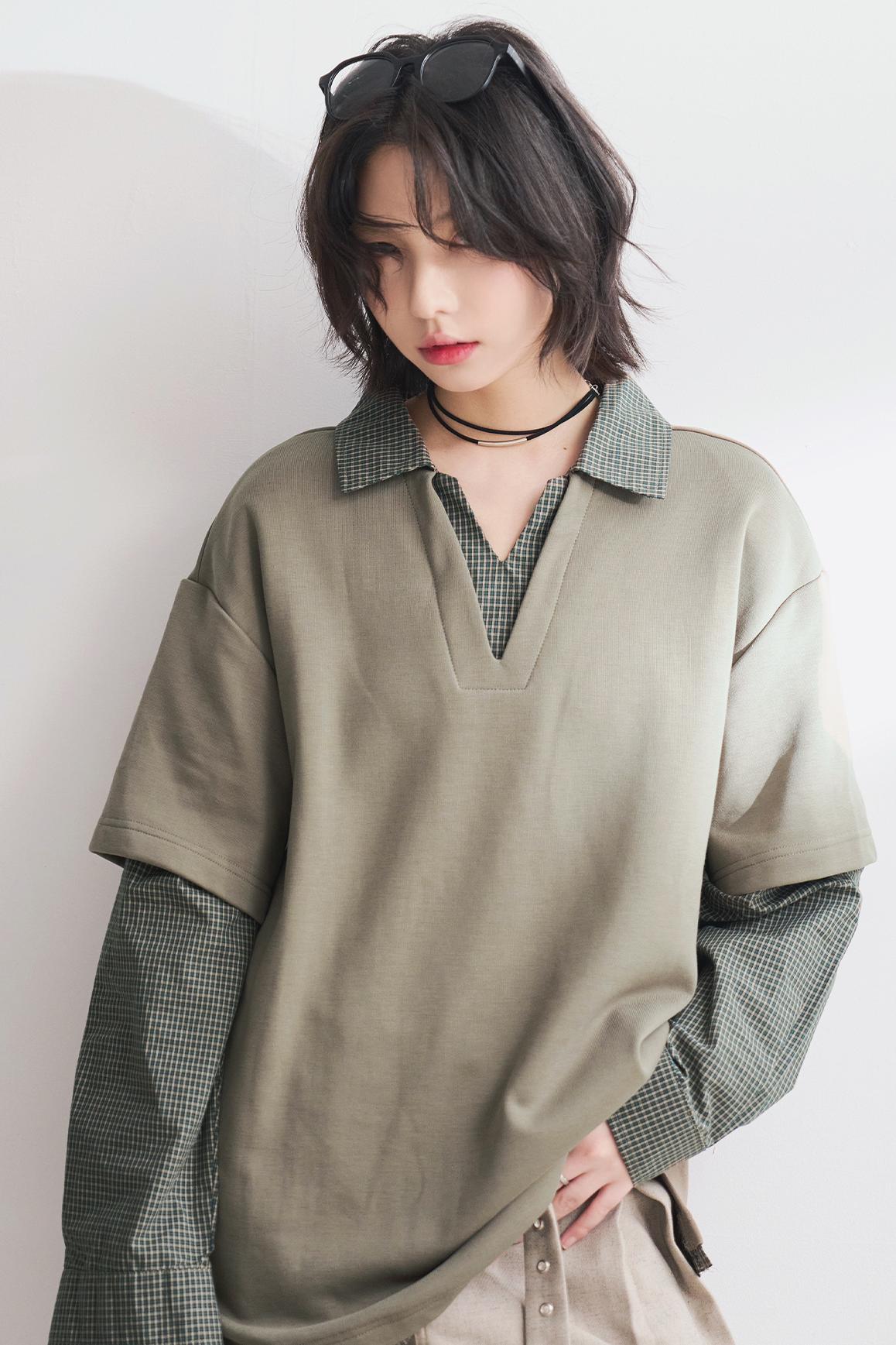 Shirt Collar Faux Two-Piece Tops