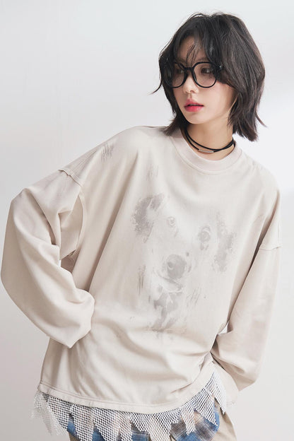 Dog Print Panel Long Sleeve T-Shirt