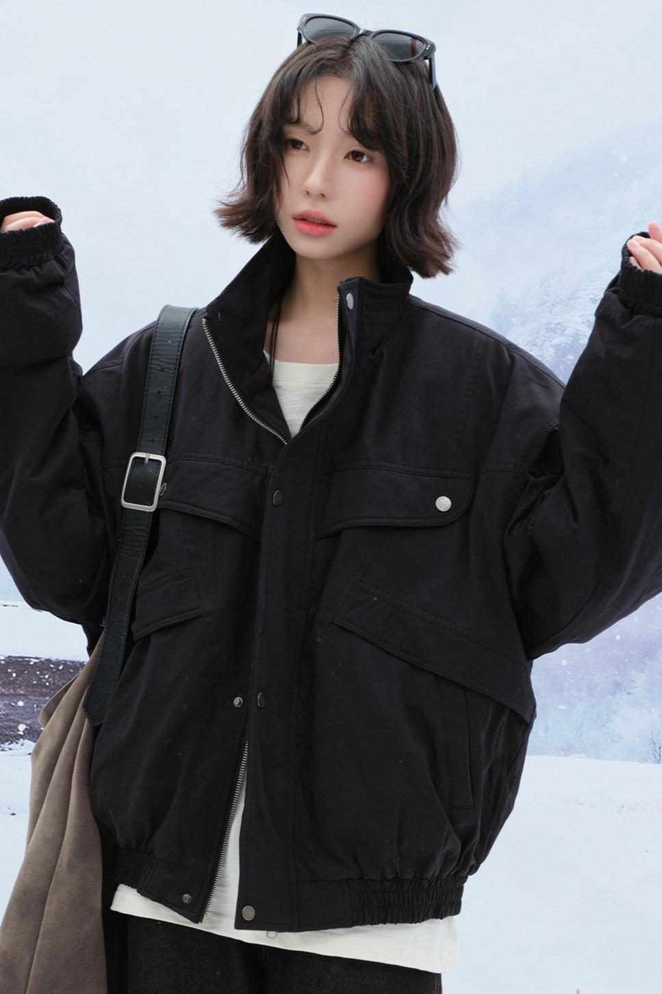 Solid cotton stand collar jacket