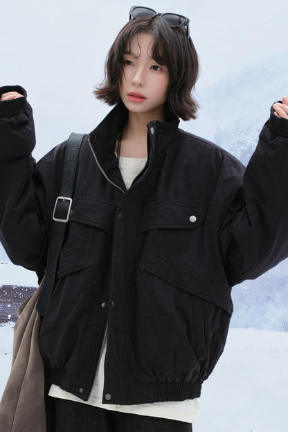 Solid cotton stand collar jacket