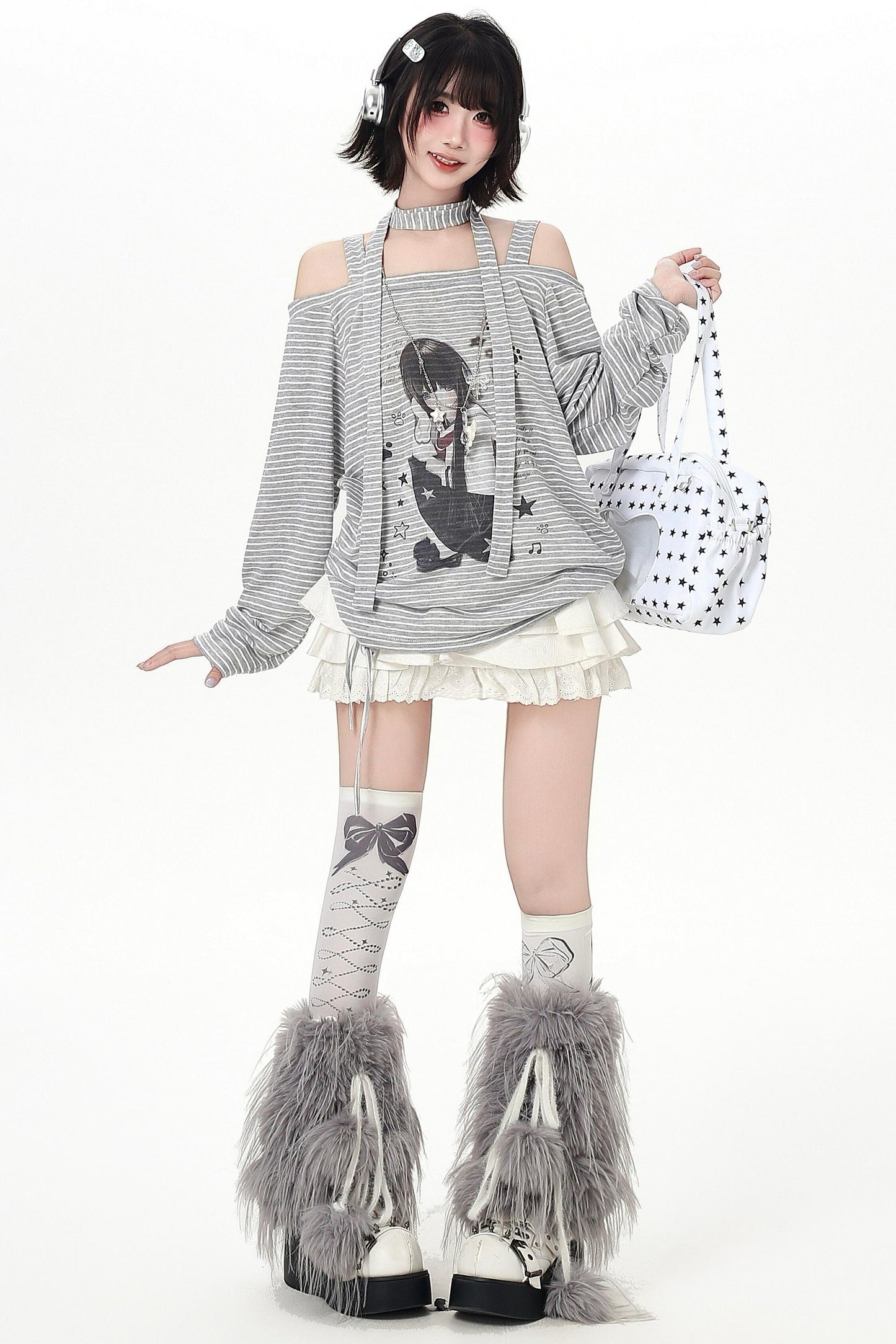 ストライプオフショルダードロストルーズロンT（ストール付き）