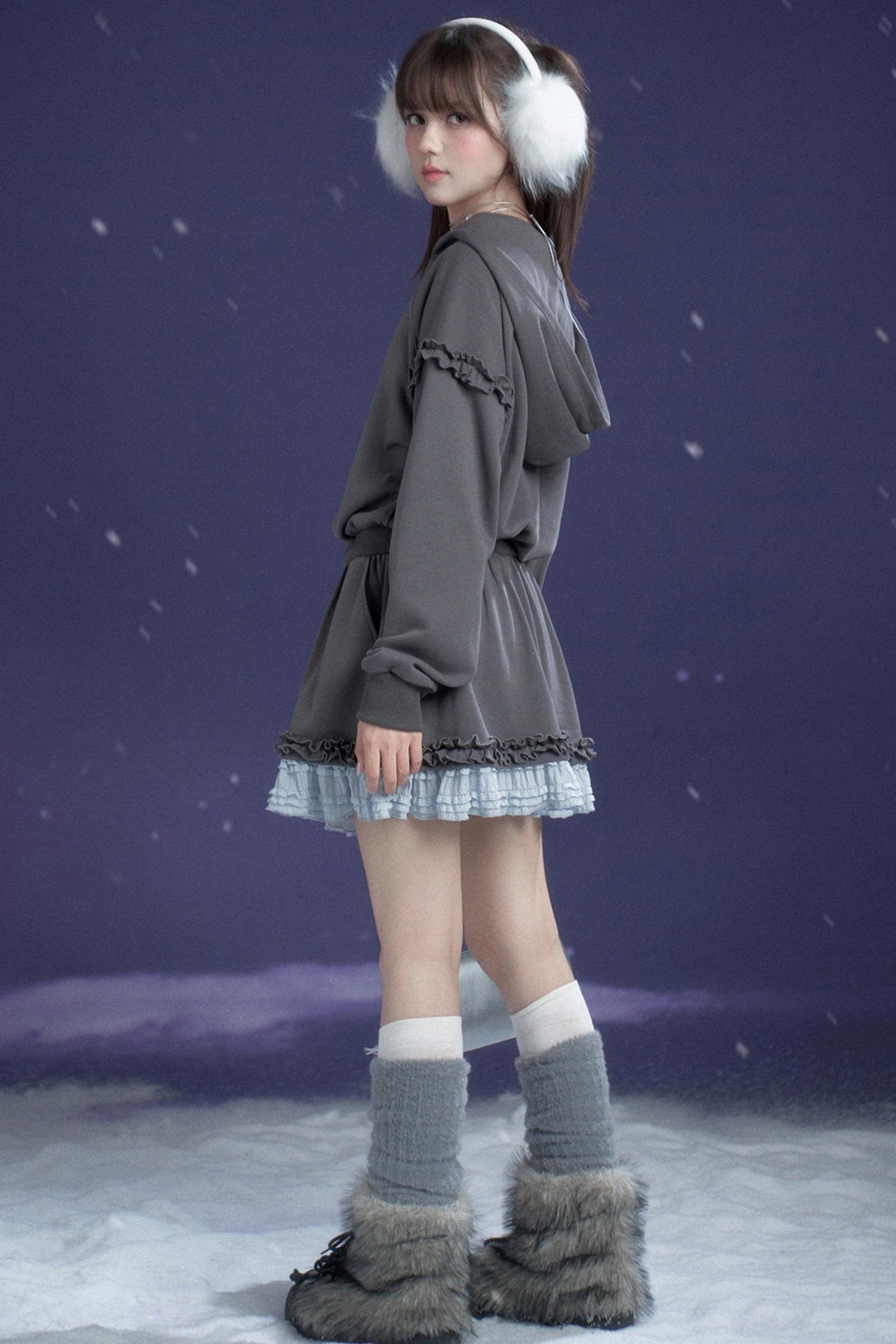 Gray-Blue Lace Hooded Dress