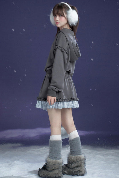 Gray-Blue Lace Hooded Dress