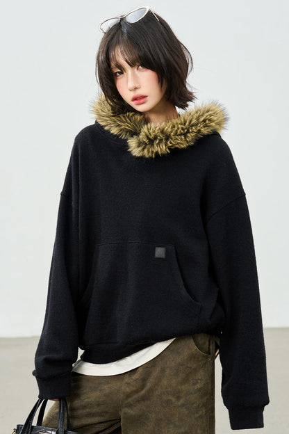 Knit Fur Collar Hooded Sweatshirt
