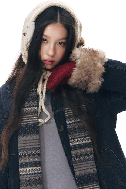 ファーカラーデニムジャケット+スカート