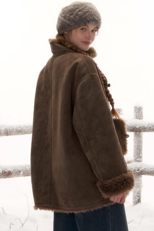 Reversible suede stand collar fur coat