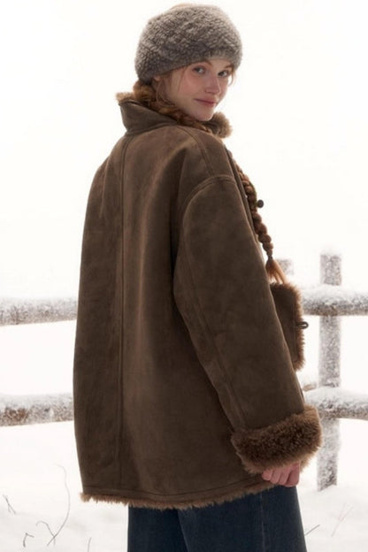 Reversible suede stand collar fur coat