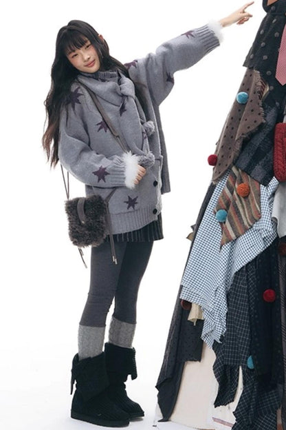 Reversible Star Cardigan + Fur Ball Hooded Scarf