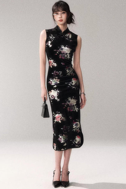 Gold Embellished Velvet Cheongsam Dress
