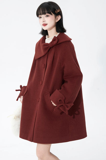 レッドアシンメトリーボウウールコート