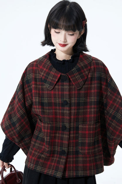 レッドブラウンチェックケープコート