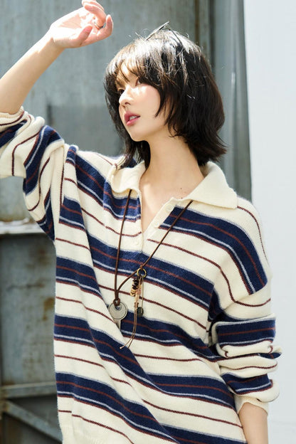 Striped Polo Collar Knit Sweater