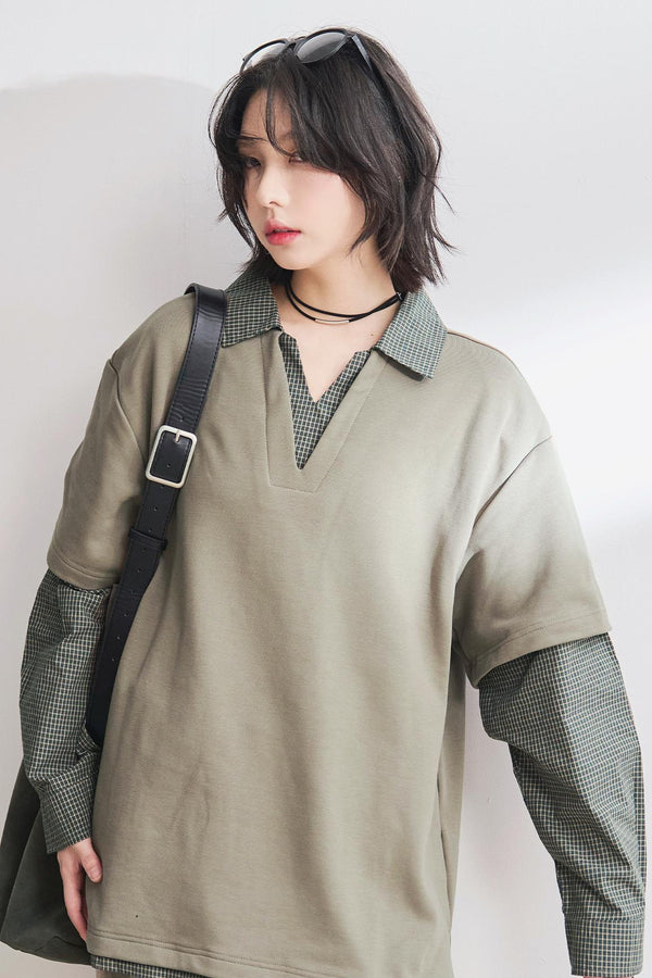 Shirt Collar Faux Two-Piece Tops