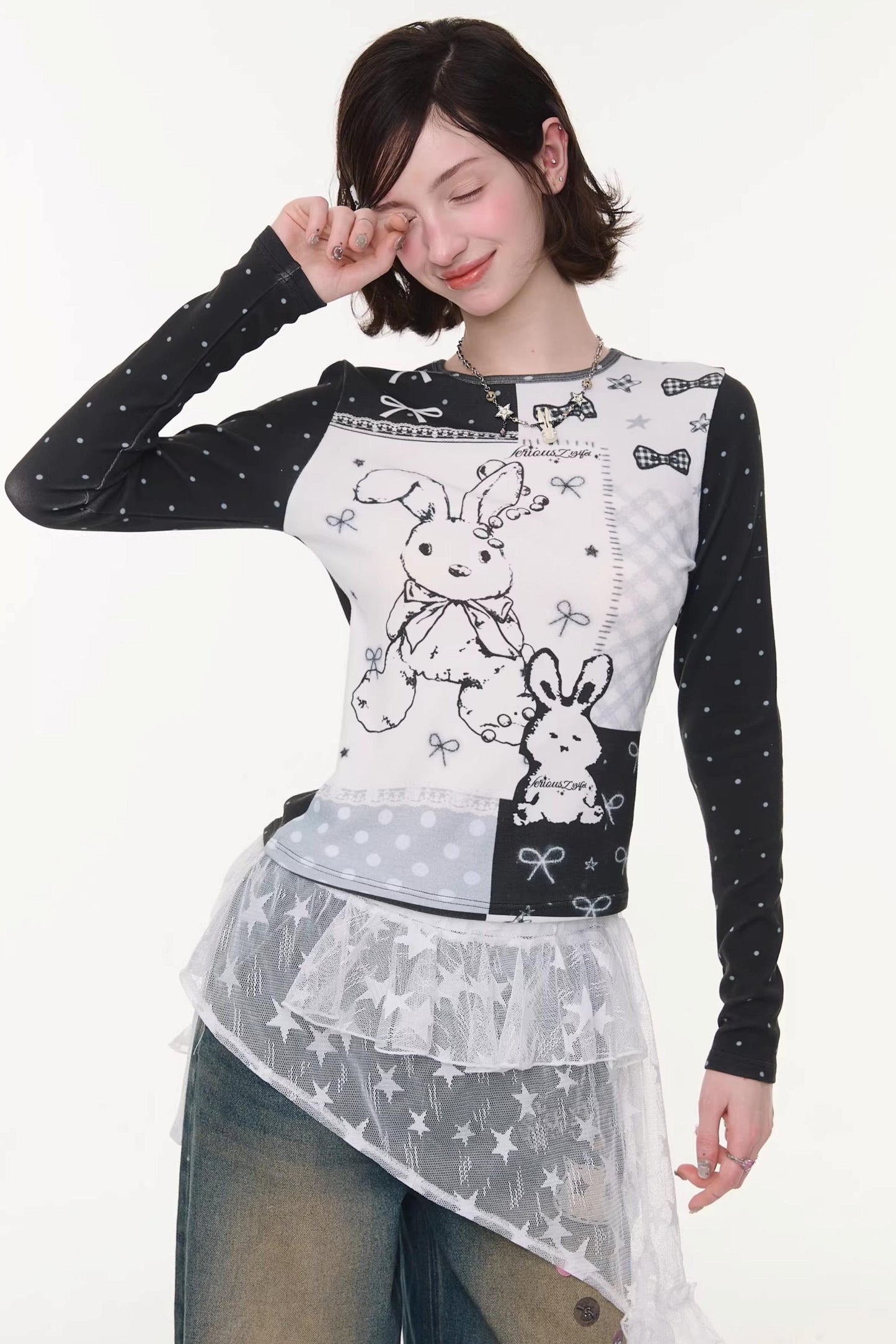 Rabbit Print Contrast Blouse