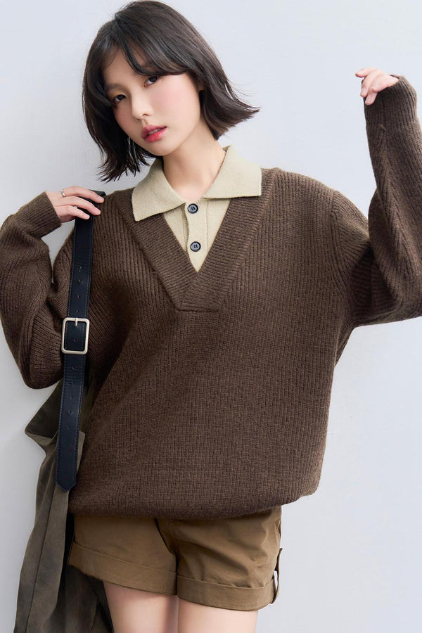 Knit Layered Lapel Collar Sweatshirt