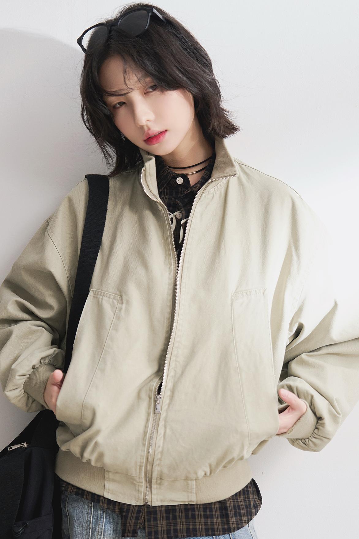 Relaxed Solid Stand Collar Jacket