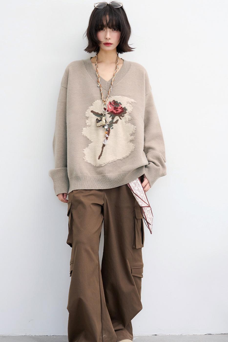 Rose Pattern Buoy Neck Sweater