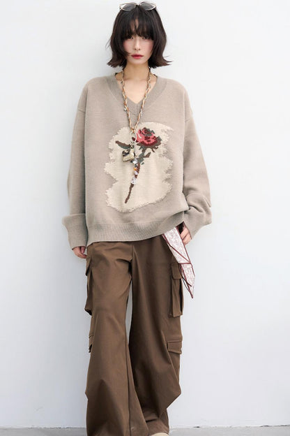 Rose Pattern Buoy Neck Sweater