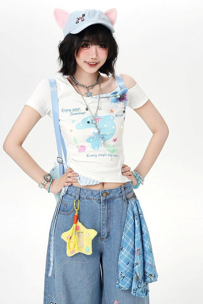 Haut d'été floral à épaules dénudées et effet deux-pièces à motif dauphin