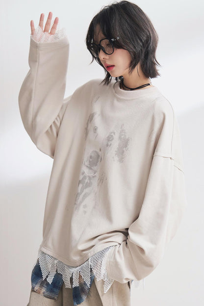 Dog Print Panel Long Sleeve T-Shirt