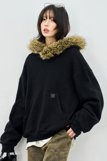 Knit Fur Collar Hooded Sweatshirt