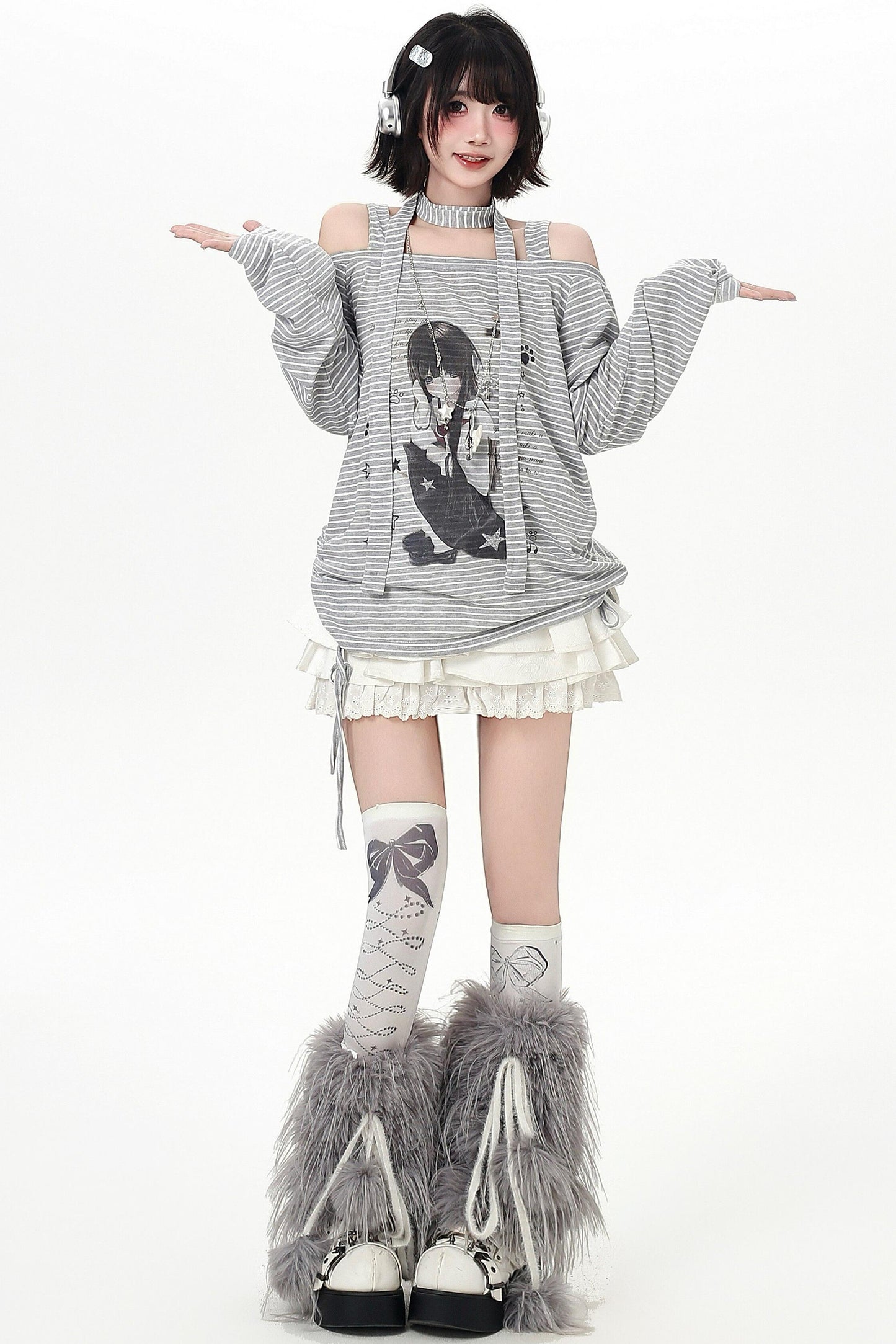 ストライプオフショルダードロストルーズロンT（ストール付き）