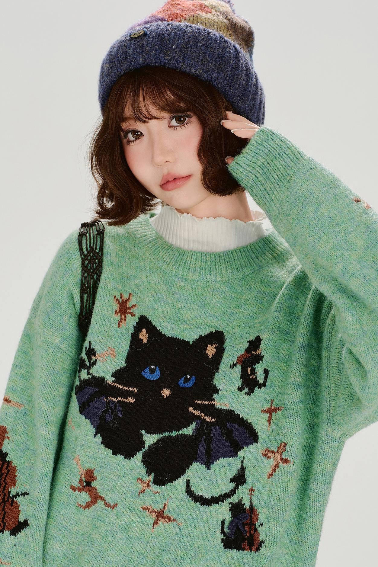 キャットジャガードレトロプルオーバートップス