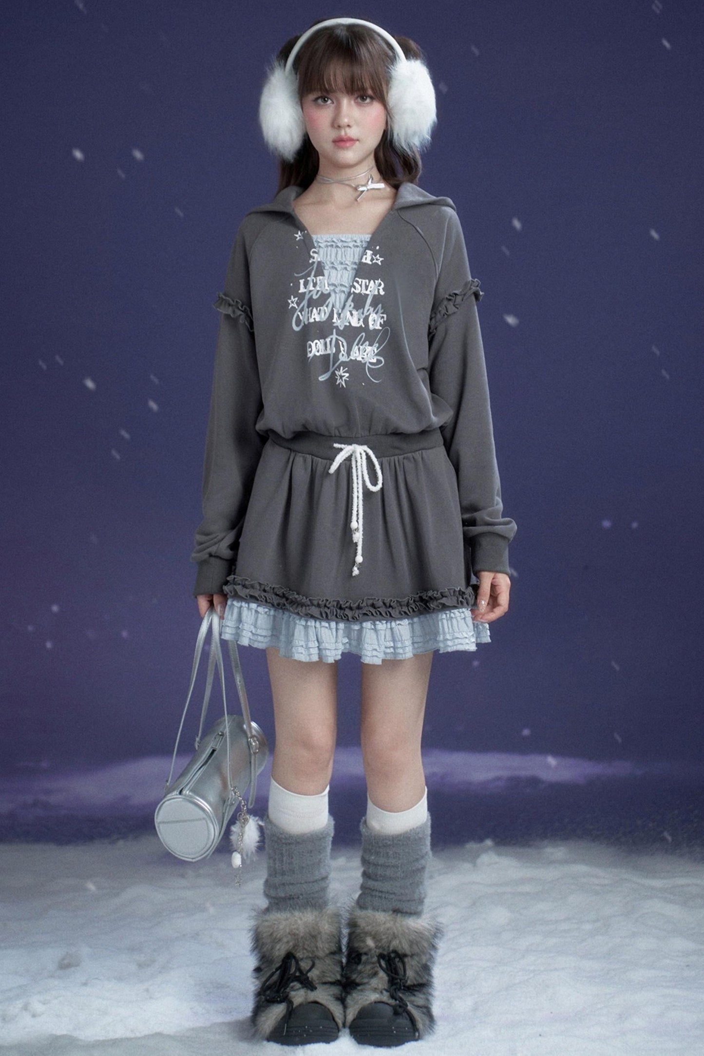 Gray-Blue Lace Hooded Dress