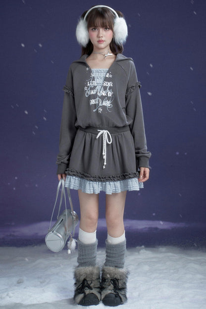 Gray-Blue Lace Hooded Dress