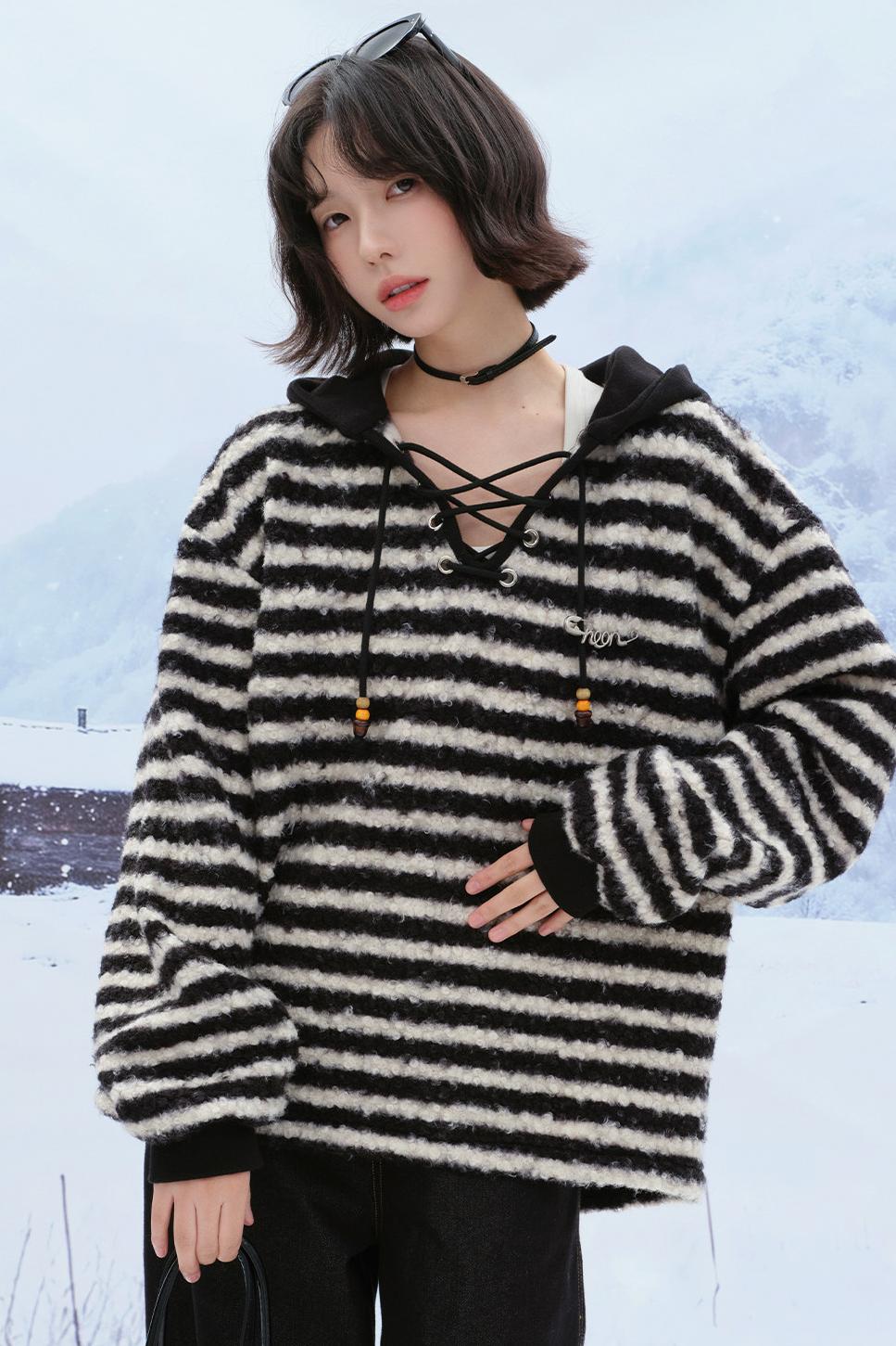 Striped plush hooded top