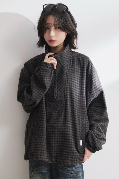 Half-zip stand collar check sweatshirt