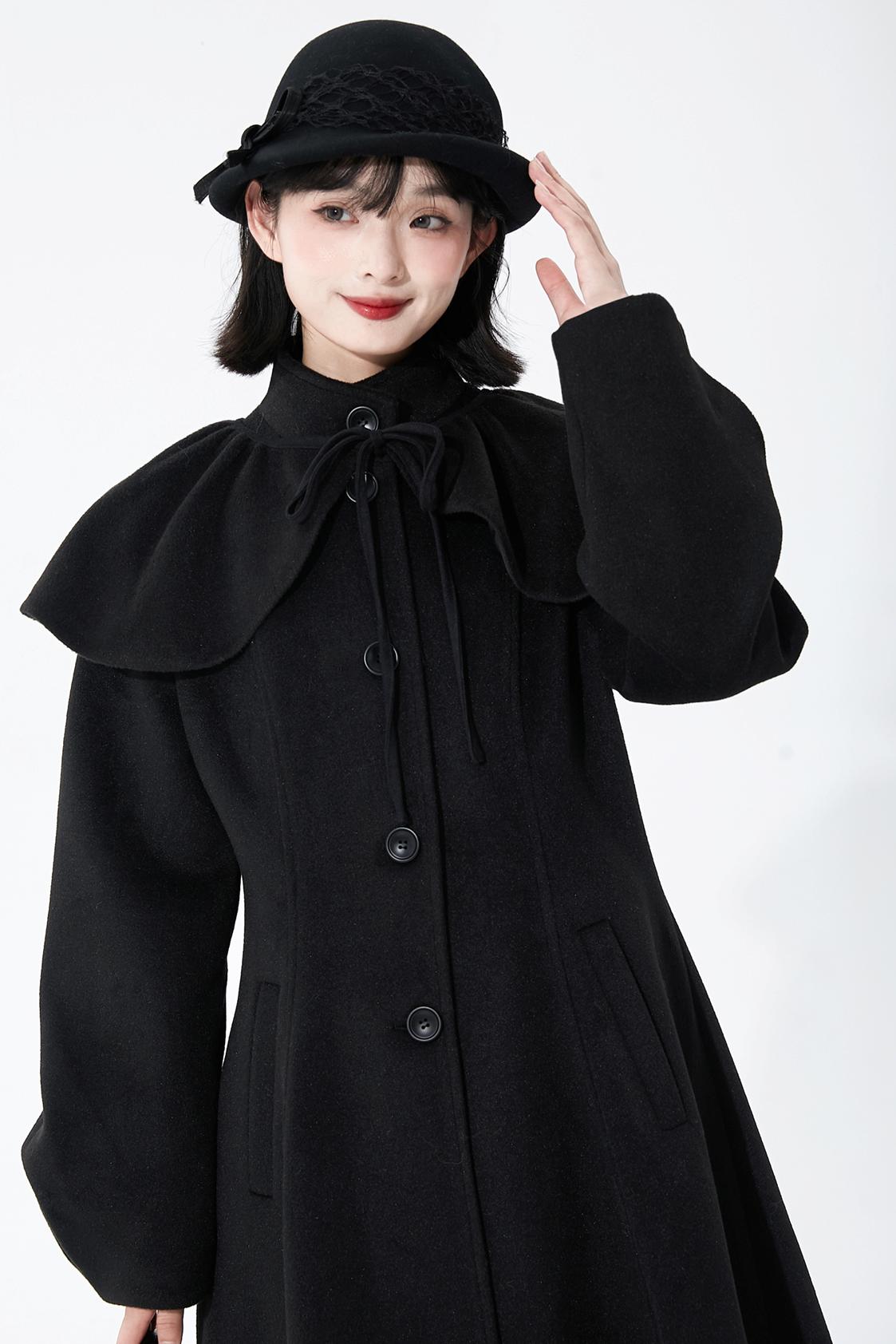 ブラックウールンショールコート