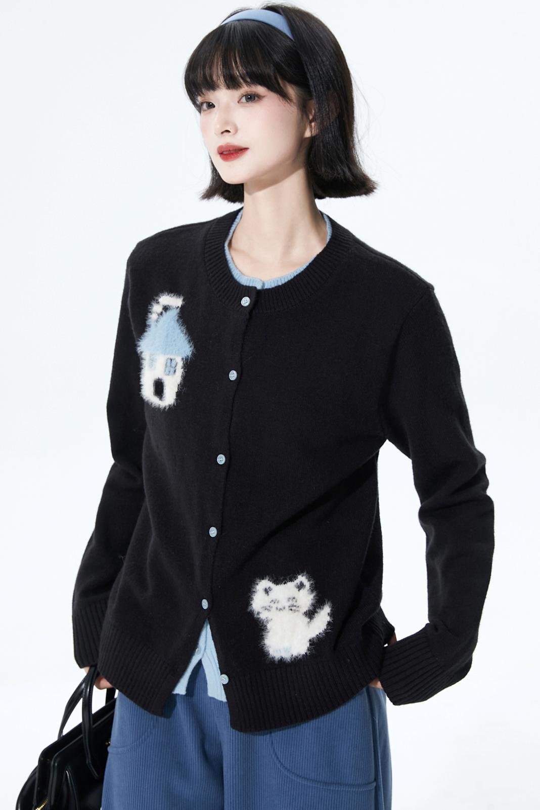 カラーブロックフロッキージャカードカーディガン