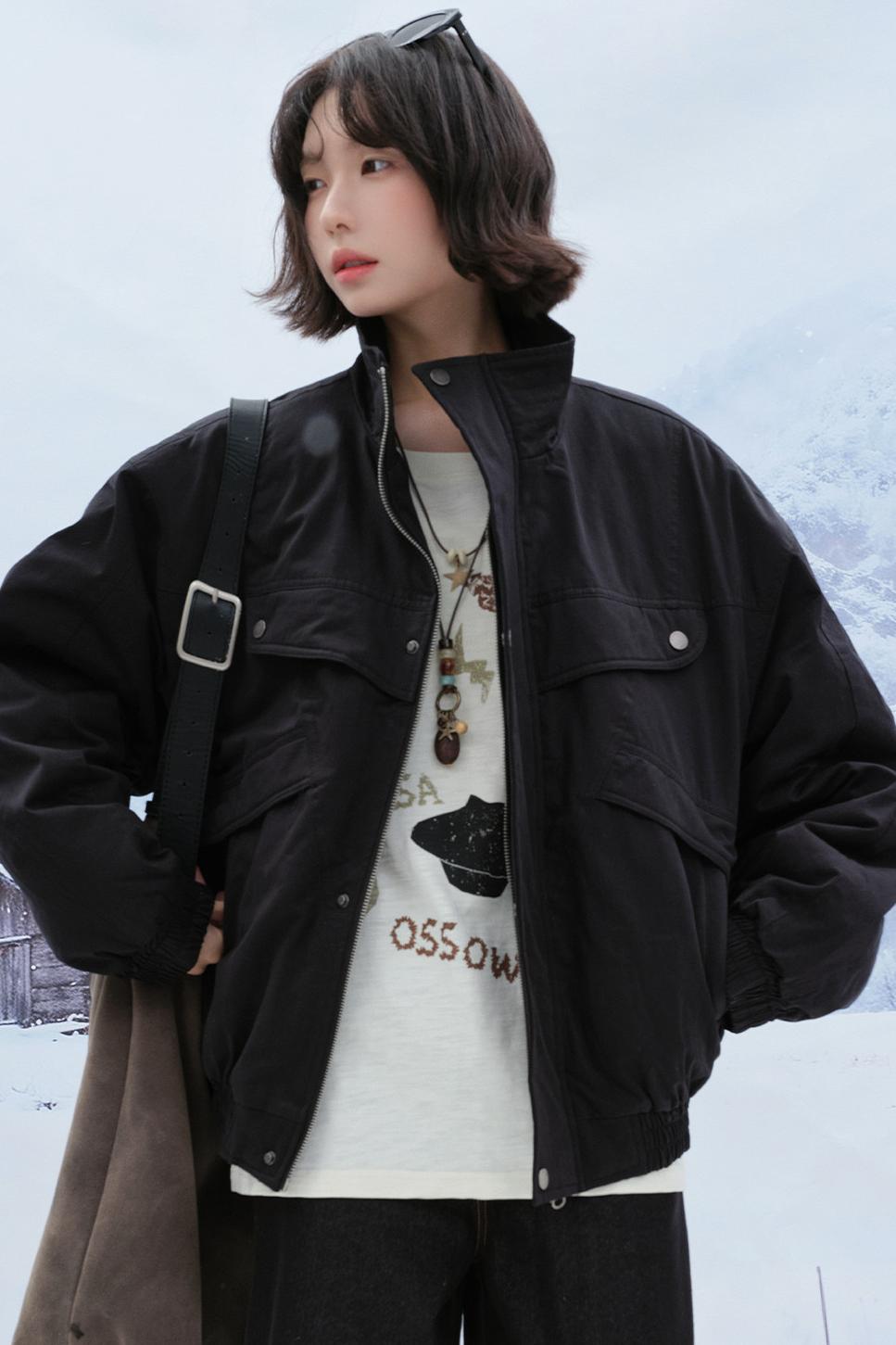 Solid cotton stand collar jacket