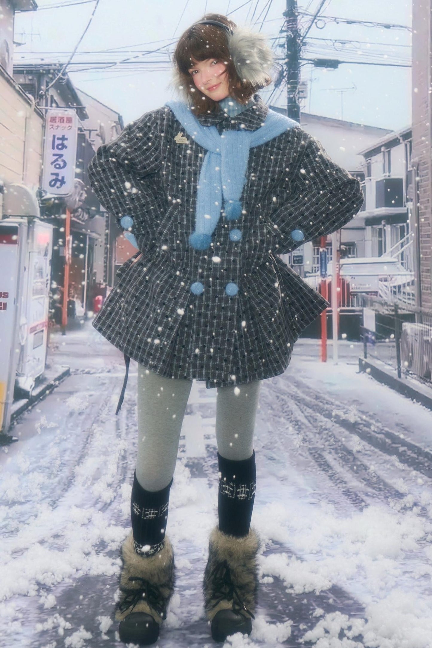 Checked Dot Doll Collar Coat