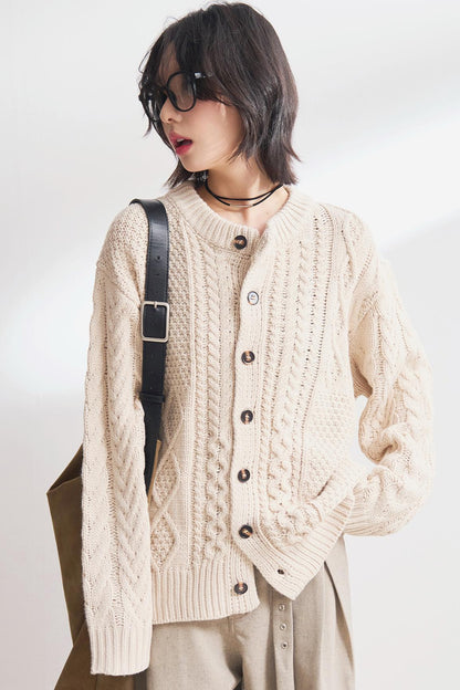 Solid twisted knit cardigan sweater