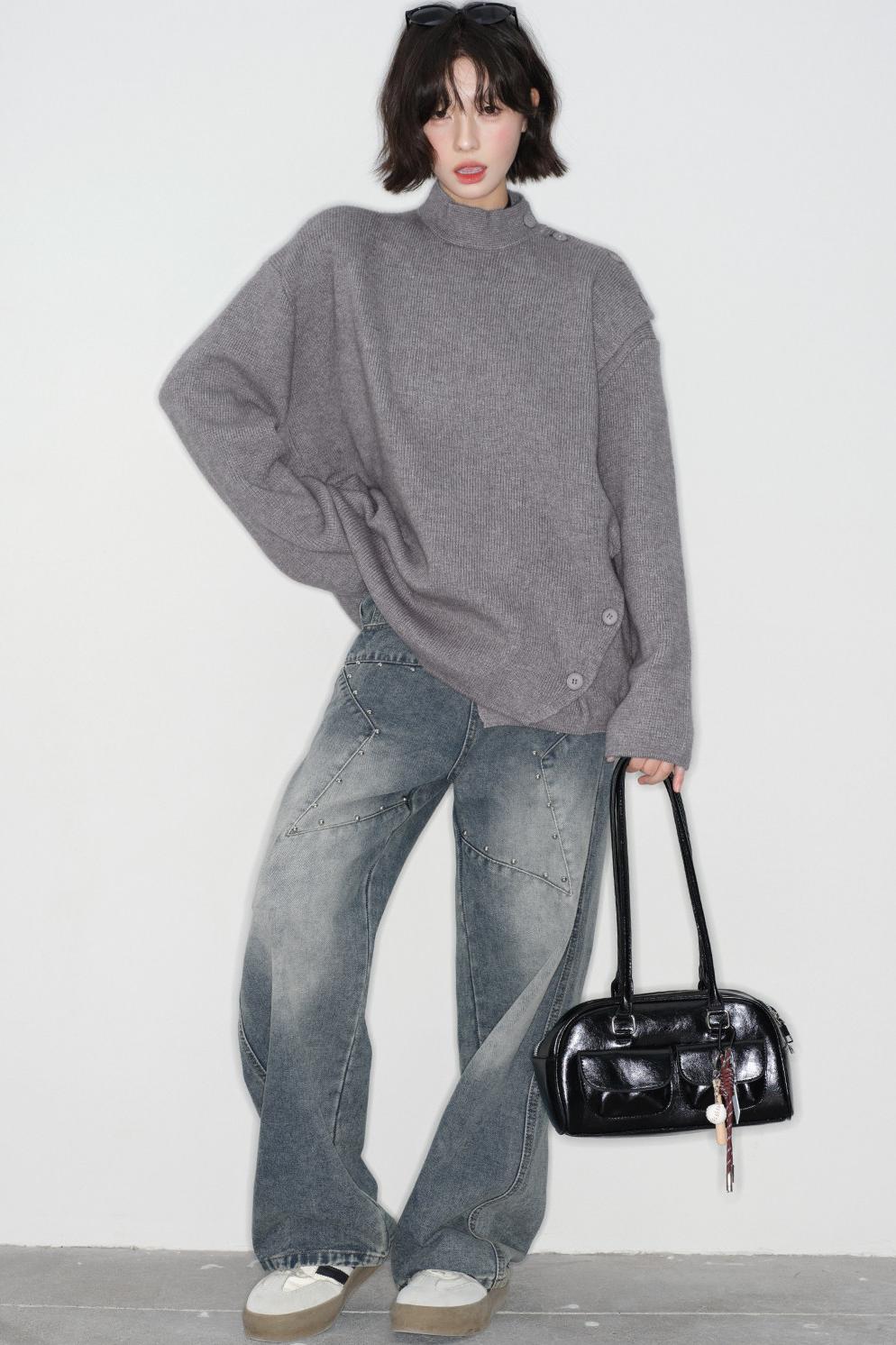 solid-collar knitted sweater