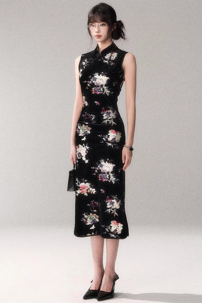 Gold Embellished Velvet Cheongsam Dress