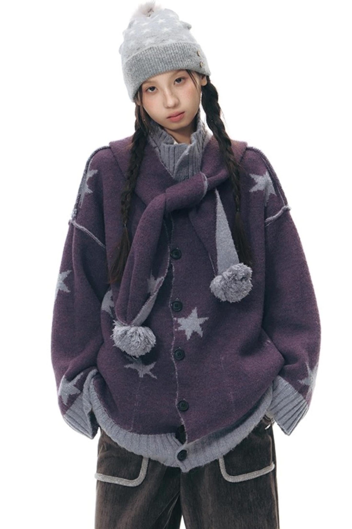Reversible Star Cardigan + Fur Ball Hooded Scarf