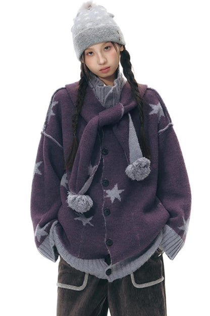 Reversible Star Cardigan + Fur Ball Hooded Scarf