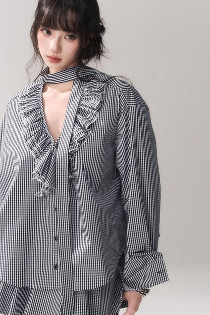 Blue Plaid Lace Blouse + Skirt