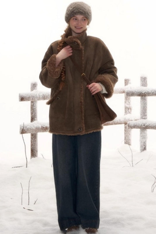 Reversible suede stand collar fur coat