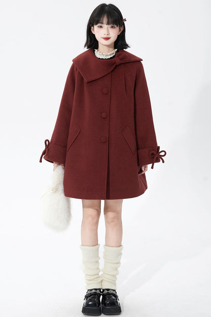 レッドアシンメトリーボウウールコート