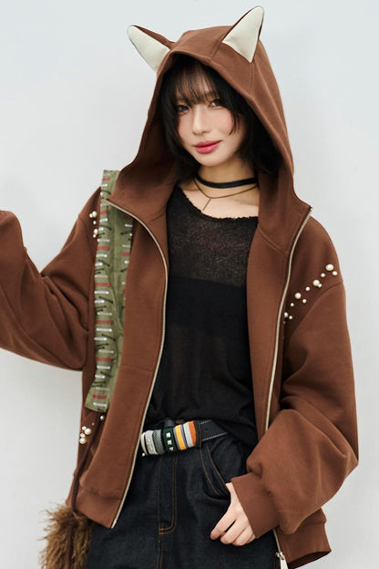 Hooded Ear Loose Fit Jacket